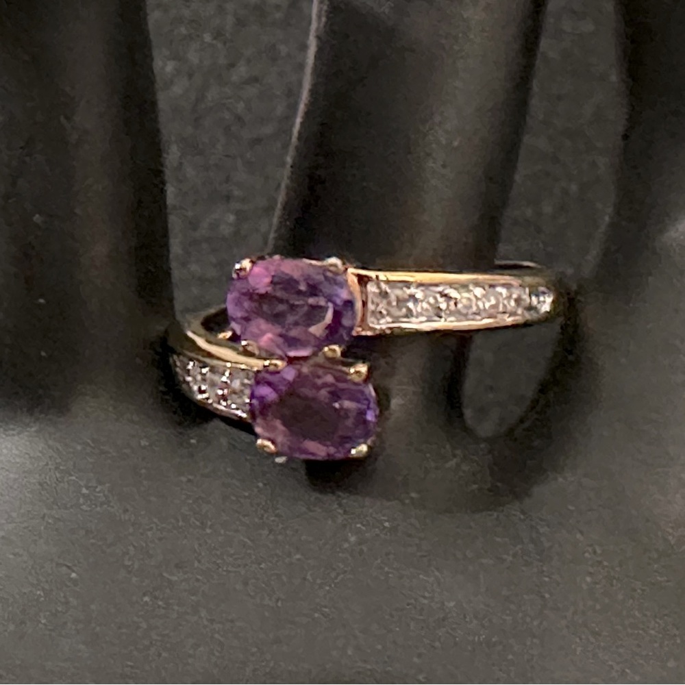 Twin Faux Amethyst and Diamonds Gold Tone Ring